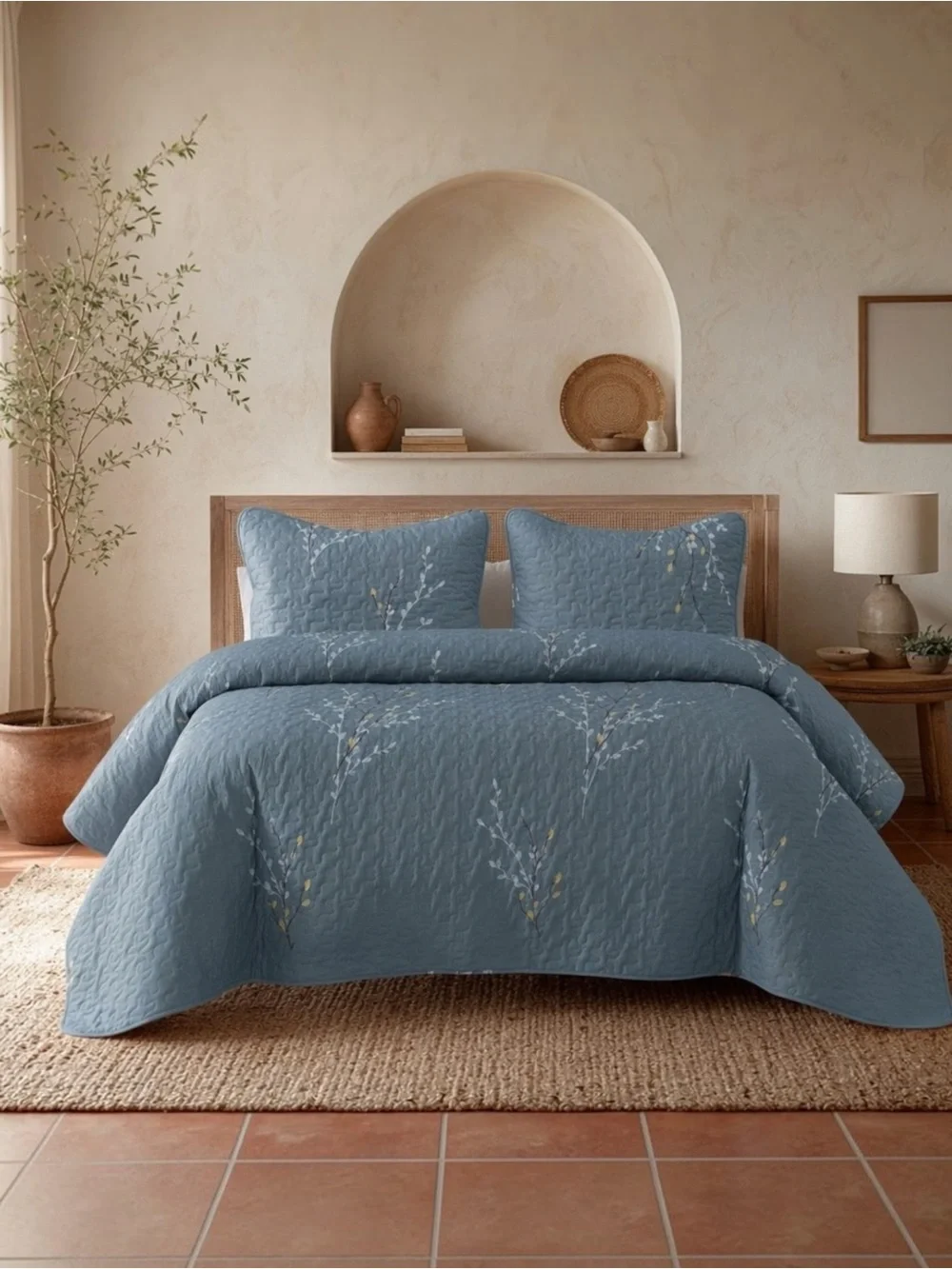 NEW West Elm Blue Queen King Floral Embroidered Bedspread Quilt Pillow Case Set